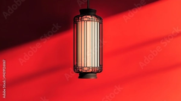 Fototapeta Hanging Lantern on Red Wall Casting Shadow Adding Depth and Ambiance
