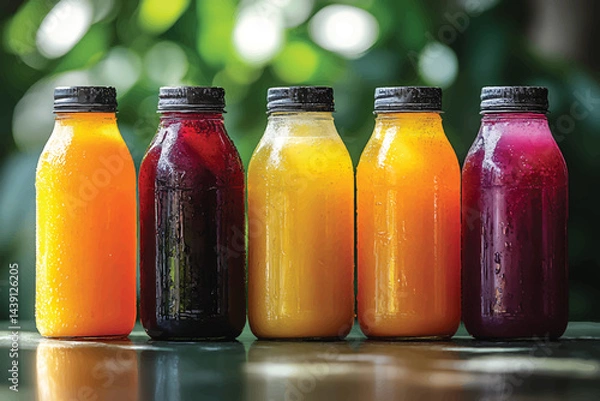 Obraz Row of colorful fruit and vegetable juices in glass bottles