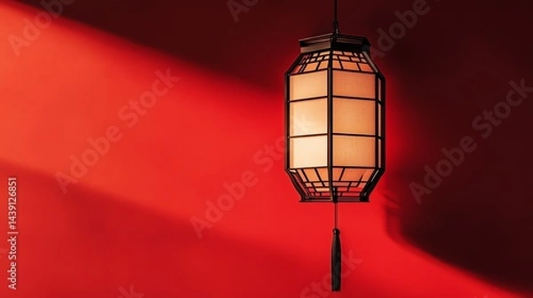 Fototapeta Illuminated Chinese Lantern Hanging Against Red Wall with Shadow Pattern