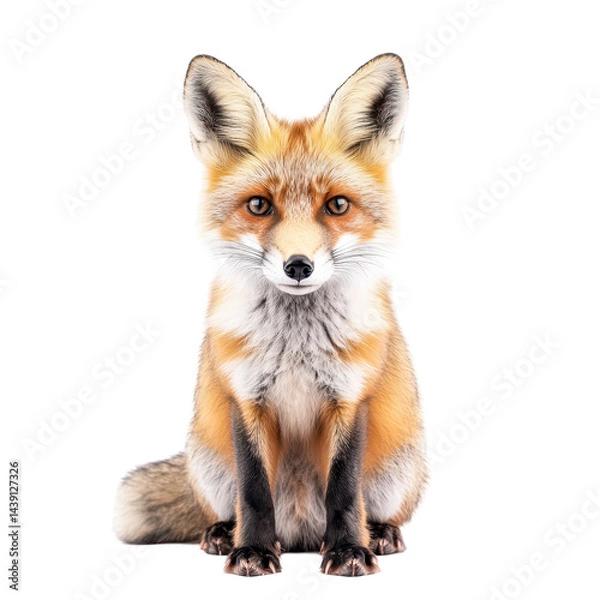 Fototapeta Portrait of a red fox sitting calmly against a plain background in a studio setting showcasing its vibrant fur and piercing eyes