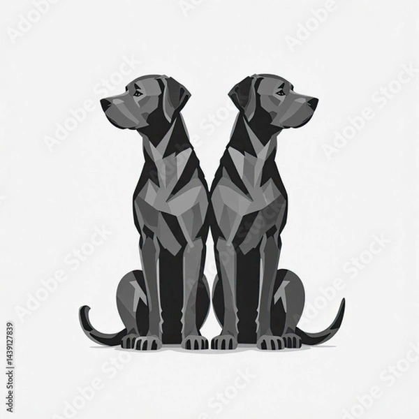 Obraz Two stylized gray dogs sitting side by side in low poly style on white background