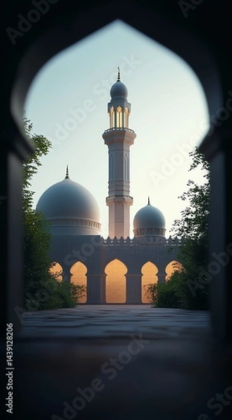 Fototapeta Serene Mosque View Through Stone Archway at Golden Hour with Dome