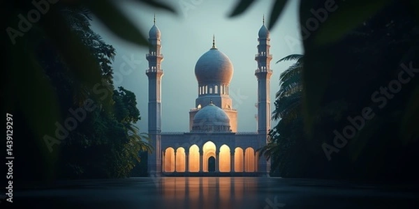 Fototapeta Serene Mosque Architecture at Dusk Surrounded by Lush Greenery and Reflection