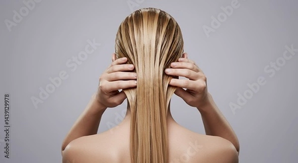Fototapeta Woman with Honey Blonde Hair Slicked Back with Shimmering Pearlescent Hair Mask with Hands Holding the Hair in a Soft Gradient Background