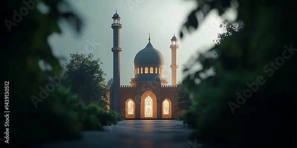 Fototapeta Majestic Mosque Illuminates Pathway Surrounded by Lush Greenery for Peaceful Reflection