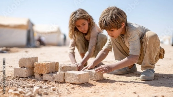 Fototapeta Children are engaged in an imaginative play, creating a toy shelter from bricks in a refugee camp, evoking a sense of home and community