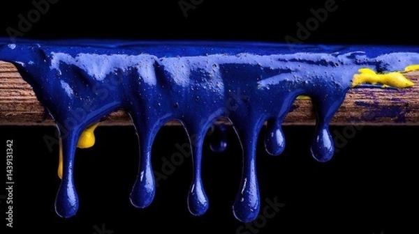 Obraz Dripping blue and yellow paint on a wooden stick against a black background, showcasing color contrast