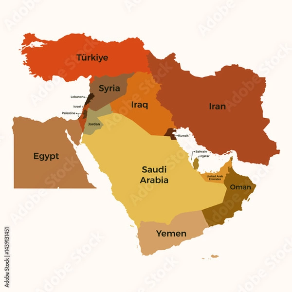 Fototapeta Isolated Vector of Middle East Map with Arabic Text Country Name and Border