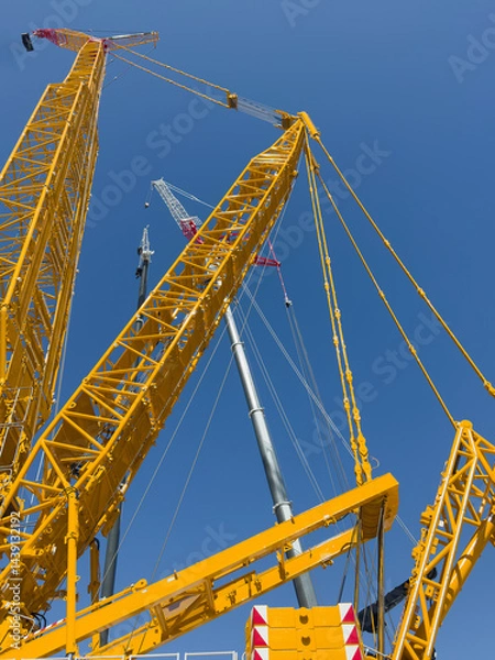 Fototapeta Construction cranes. View from below. Crane used to construct palaces, houses or buildings. Construction site. General contest