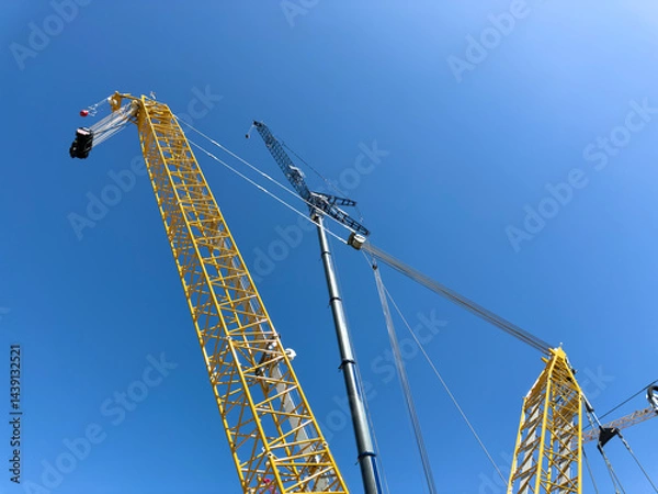 Fototapeta Construction cranes. View from below. Crane used to construct palaces, houses or buildings. Construction site. General contest