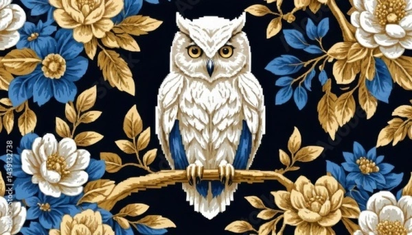 Fototapeta An owl sits on a branch surrounded by foliage.