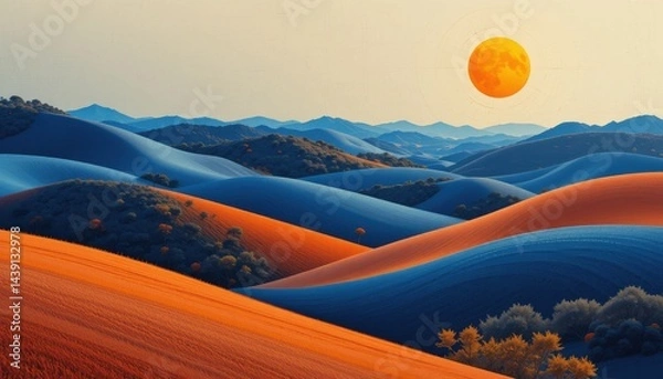 Fototapeta A landscape depicts a series of rolling hills. Some hills are a rich, deep while others are reddish. The hills are covered in what appears to be vegetation. The sky has a circular object.