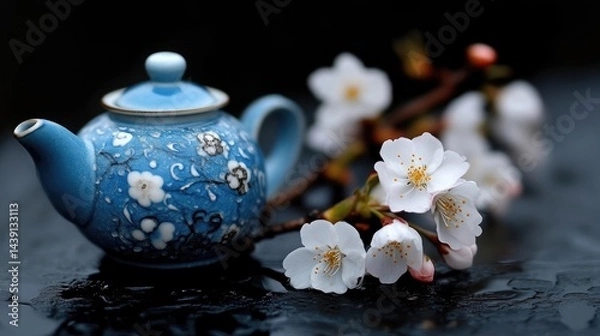 Obraz Elegant blue teapot with delicate cherry blossoms