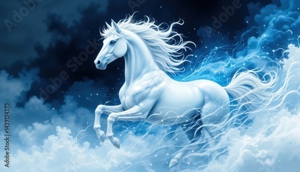 Fototapeta A white horse is in motion against a cloudy background.