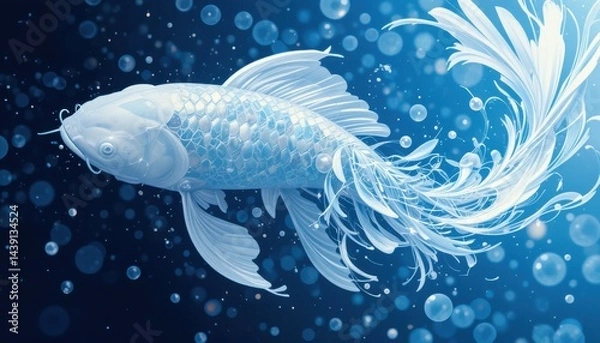 Fototapeta The image shows a stylized fish with elaborate fins, surrounded by many bubbles.