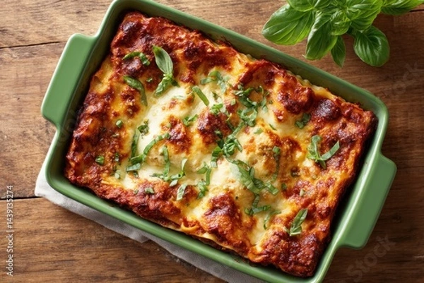 Fototapeta A colorful baked lasagna sits in a green dish, garnished with fresh herbs, on a rustic wooden table. This dish is perfect for family gatherings or casual dinners