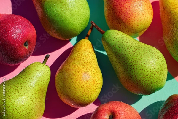 Obraz Orchard's Colorful Bounty: A vibrant array of ripe pears and apples in a refreshing overhead composition. Each fruit bursts with freshness.