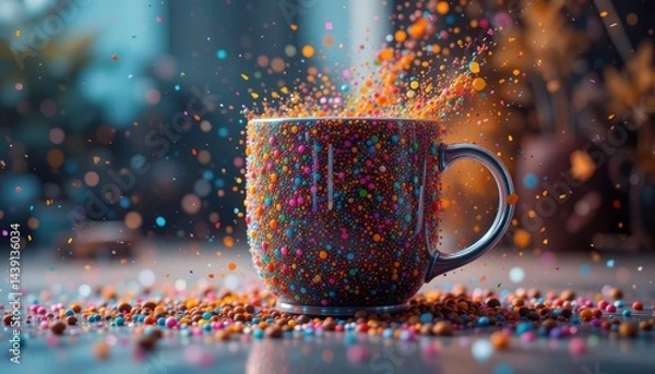 Fototapeta A mug covered in colorful balls sitting on a surface with more colorful balls falling into it.