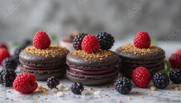 Fototapeta Three pastries with dark shells are topped with a reddish filling and garnished with granular crumbs. On top of each pastry are reddish and dark berries
