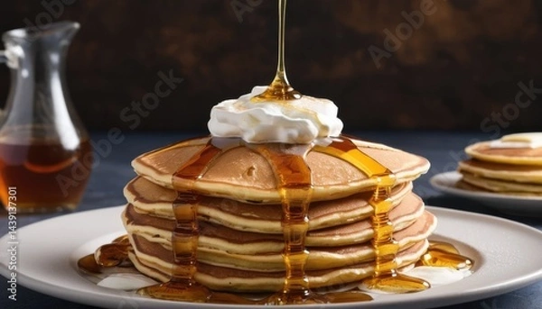 Fototapeta Stack of flapjacks topped with cream, with liquid being poured.