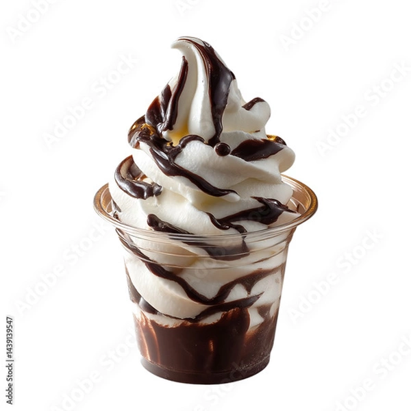 Obraz Soft serve vanilla ice cream with chocolate syrup in plastic cup, isolated on clear background --v 7.0