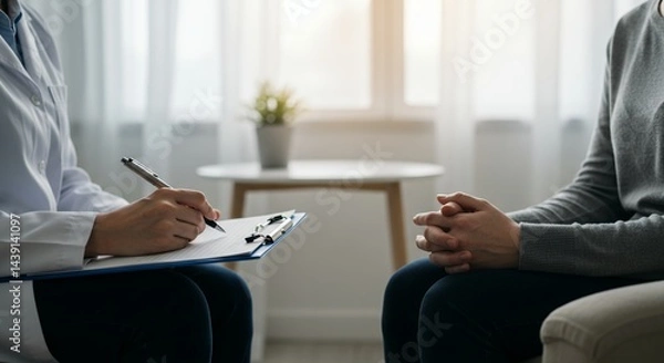 Fototapeta Therapist Writes Notes During Session with Patient Clasped Hands Illuminated by Soft Diffused Light in Modern Office