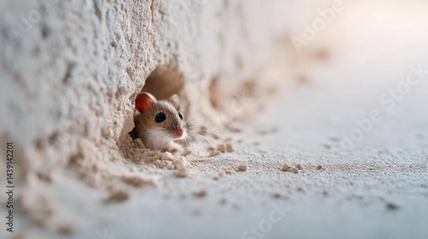 Fototapeta A small mouse is seen peeking out from a hole in drywall, indicating a possible urban infestation problem and showcasing its search for food and shelter