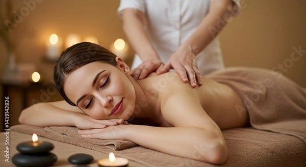 Fototapeta Woman Receiving a Gentle Back Massage on Table With Soft Lighting in Spa with Candles and Hot Stones