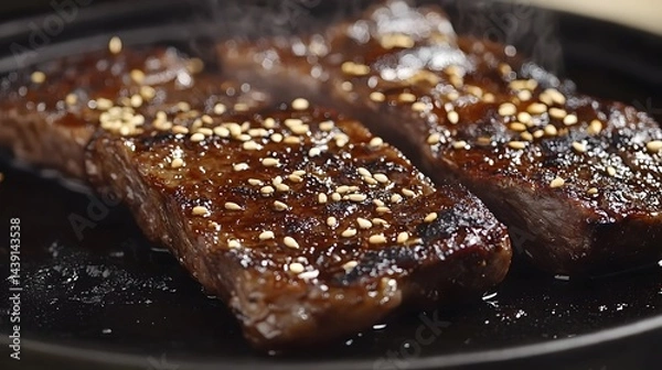 Obraz Delicious Korean Galbi Beef Short Ribs on Sizzling Iron Plate with Sesame