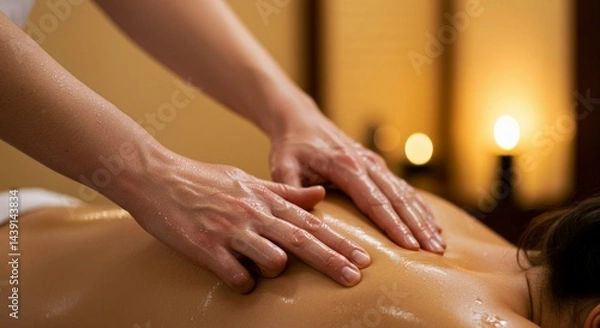 Fototapeta Person Receiving a Shoulder Massage with Glistening Skin and Expert Hands in a Serene Spa Environment with Warm Lighting