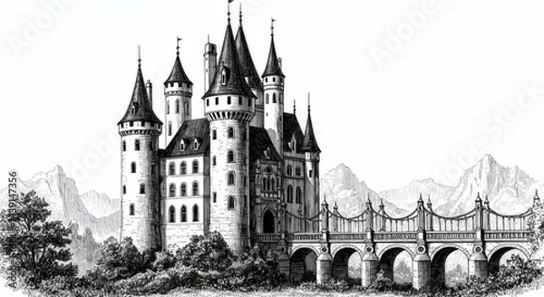 Fototapeta Castle sketch isolated on white background, Vintage line art illustration, scratchboard style, black and white, detailed hatching and shading