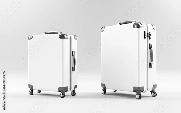 Fototapeta 3D render of a white suitcase mockup set, isolated on a white background, showing the front view and side view. A blank luggage bag template mock-up for advertising design with copy space. A travel su
