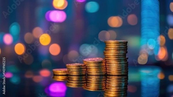 Obraz Stack of gold coins growing progressively higher on reflective surface with blurred city skyline background, wealth and investment concept 