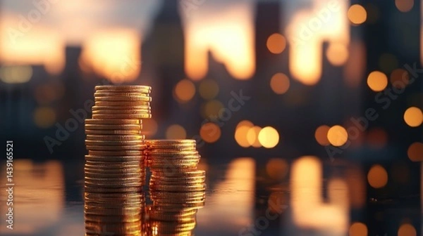 Obraz Stack of gold coins growing progressively higher on reflective surface with blurred city skyline background, wealth and investment concept 