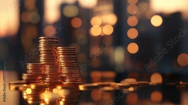 Obraz Stack of gold coins growing progressively higher on reflective surface with blurred city skyline background, wealth and investment concept 