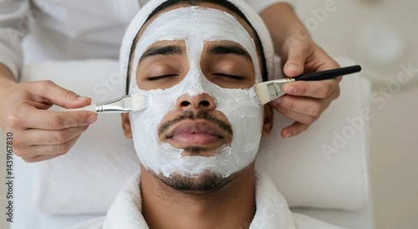 Fototapeta Relaxed Man with White Facial Mask Applied in Soft Lit Spa Setting Wearing White Robe and Towel Headband