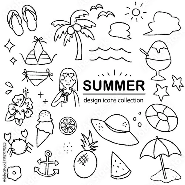 Obraz 夏の手描きアイコン素材｜海・ビーチ・レジャーのイラストセット