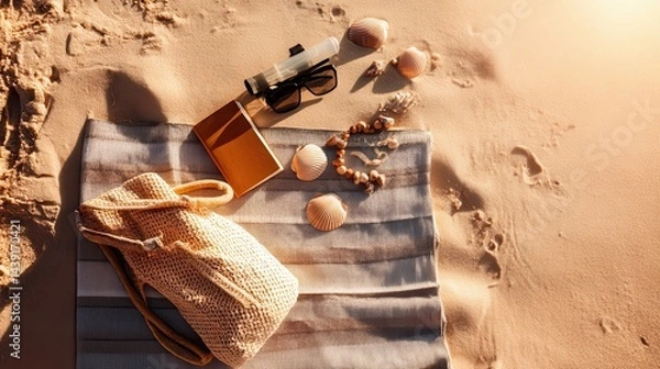 Fototapeta Beach Essentials Arrangement on Sand with Bag, Notebook, Shells, and Water Bottle for Relaxation and Inspiration at Coastal Location