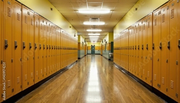Fototapeta School hallway with yellow lockers and polished wood floor  