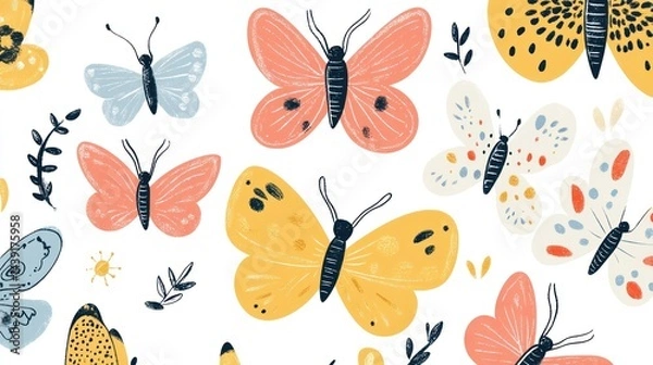 Fototapeta Colorful butterflies spring pattern, floral background, nature design, website banner