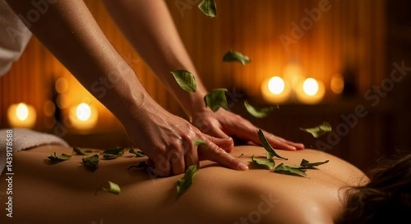 Fototapeta Relaxing Back Massage with Scattered Leaves in Dim Spa Light Featuring Gentle Kneading and Circular Hand Motions for Wellness