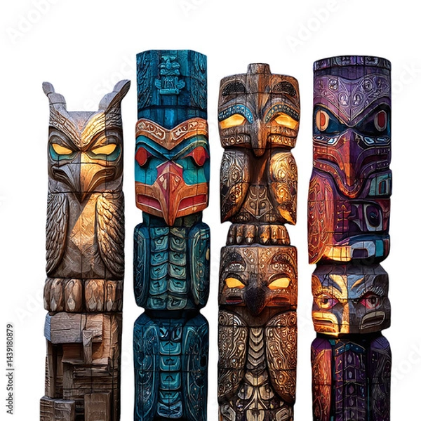Obraz Totem poles featuring illuminated carvings and colorful artistic designs, clear background --v 7.0