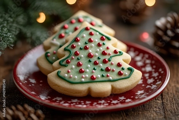 Obraz Delicious Christmas Tree Sugar Cookies with Green Icing and Sprinkles on Red Plate