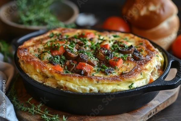 Obraz Delicious Mushroom Vegetable Egg Frittata in Cast Iron Skillet