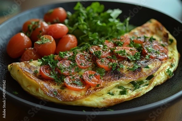 Obraz Delicious Omelette with Roasted Cherry Tomatoes Herbs and Greens
