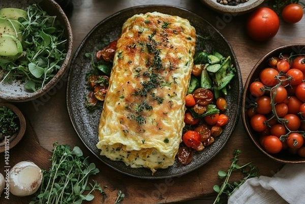 Obraz Delicious Homemade Egg Omelet Roll with Roasted Vegetables and Herbs