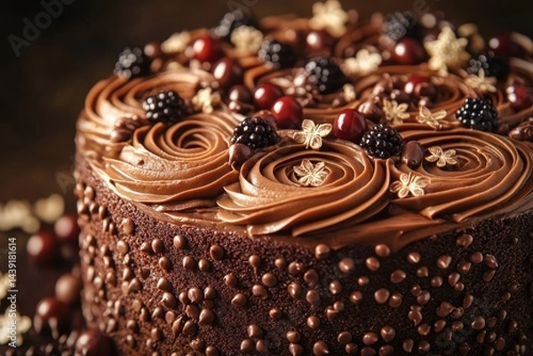 Obraz Delicious Chocolate Cake with Berries Chocolate Chips Swirls