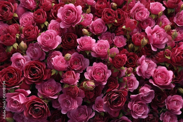 Fototapeta Crimson and Pink Roses: A vibrant tapestry of densely packed, blooming crimson and pink roses, their delicate petals and rich hues creating a visual symphony of natural beauty and romantic charm.