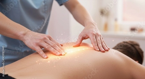 Fototapeta Vibrant Physiotherapy Session with Ethereal Energy Radiating from Therapist Hands on Patients Back in a Medical Illustration Style