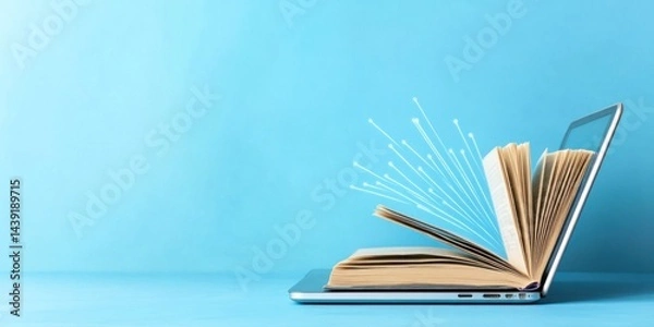 Obraz Open book rests on laptop symbolizing digital learning